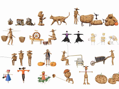 Traditional Agricultural Equipment Display With Scarecrows Pumpkins Windmill Wheelbarrows Wooden Buckets And Tools 3d model