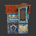 Colorful Cartoon House Scene With Red Roof Blue Walls Arched Windows Balconies And Green Grass