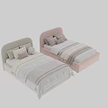 Soft Kids Bed with Pink Headboard Pillows Striped Blanket and Beige Headboard Plush Toy