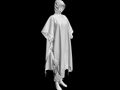 Woman In Minimalist Hooded Cloak With Asymmetrical Hem And Drawstring Detail Wearing Pants 3d model