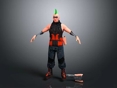 3D Character With Green Mohawk Black Vest Orange Accents Arm Guards Dark Pants Orange Boots 3d model