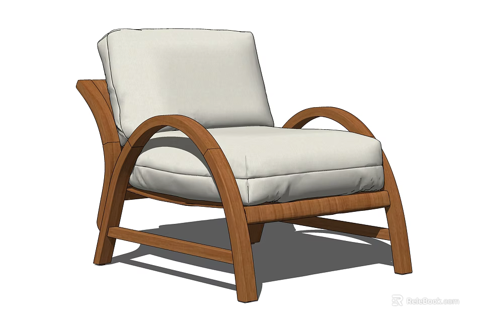 Lounge Chair With Wooden Frame Curved Armrests White Cushion And Backrest 3d model 