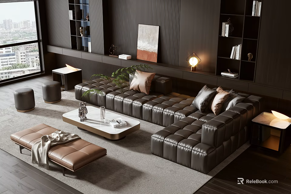 Modern Black Leather L Shaped Sofa With White Marble Coffee Table And Brown Ottoman 3d model 