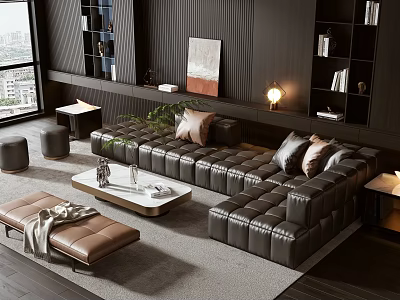 Modern Black Leather L Shaped Sofa With White Marble Coffee Table And Brown Ottoman 3d model