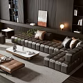Modern Black Leather L Shaped Sofa With White Marble Coffee Table And Brown Ottoman