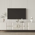 Elegant White TV Stand with Golden Accents and Decorative Items Under Black TV