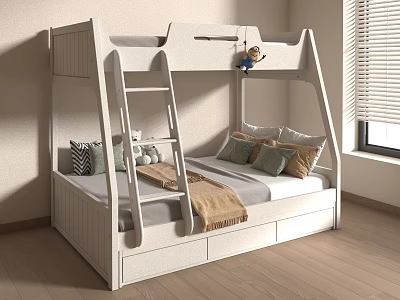 White Bunk Bed with Ladder Lower Mattress Pillows and Blanket Storage Drawers in Modern Bedroom 3d model