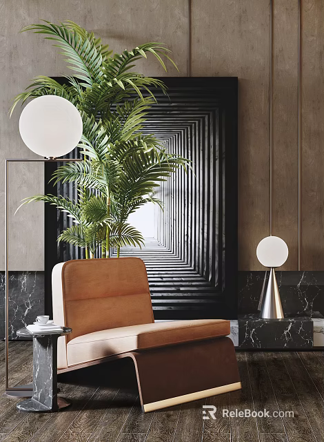 Brown Single Sofa With Palm Plant Round Lamp And Marble Side Table In Modern Space 3d model 