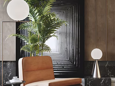 Brown Single Sofa With Palm Plant Round Lamp And Marble Side Table In Modern Space 3d model