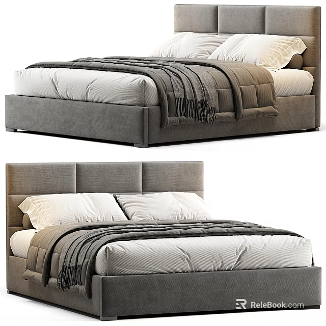 Modern Double Bed With Grey Headboard White Sheets And Soft Blanket 3d model 