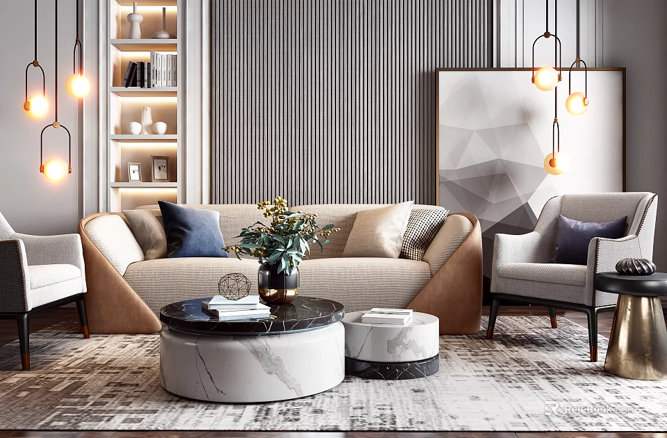 Modern Living Room Sofa And Coffee Table Set With Marble Top And Decorative Pillows 3d model 