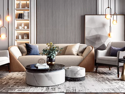Modern Living Room Sofa And Coffee Table Set With Marble Top And Decorative Pillows 3d model