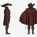 Medieval Fantasy Character Costume With Wide Brimmed Hat Red Cape Black Lining Blue Patterned Tunic