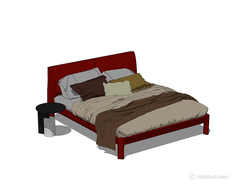 Red Headboard Double Bed With Multiple Colored Pillows Brown Blanket And Black Side Nightstand 3d model