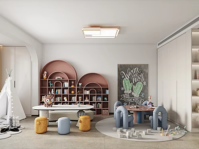 Cozy Playroom Interior With Game Time Chalkboard Teepee Tent Bookshelf Round Table Chairs And Toys 3d model