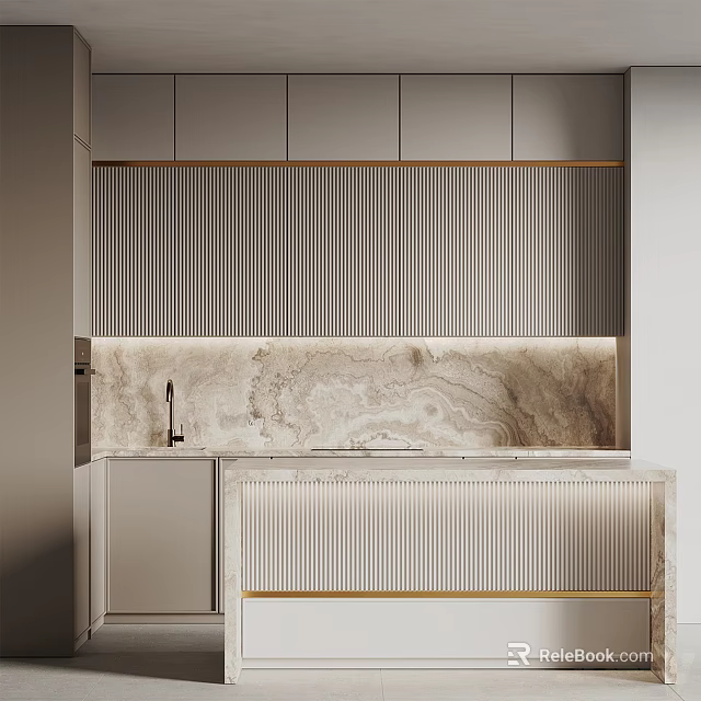 Elegant Modern Kitchen Interior With Marble Countertop And Gold Trim Cabinets 3d model 