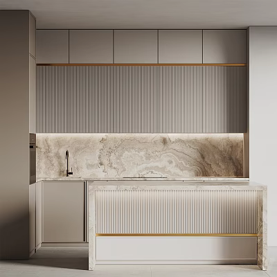 Elegant Modern Kitchen Interior With Marble Countertop And Gold Trim Cabinets 3d model