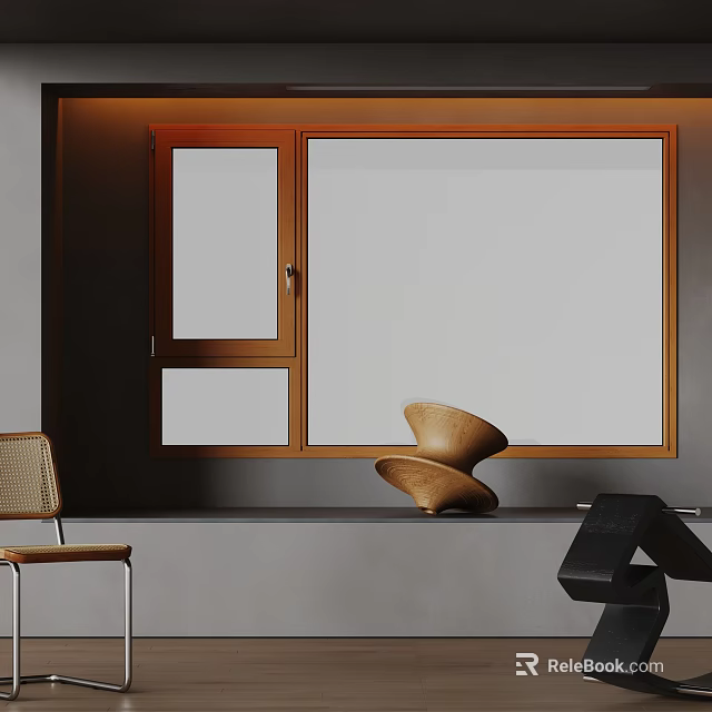 Stylish Modern Interior Featuring Wooden Frame Window Chair And Sculpture Decor 3d model 