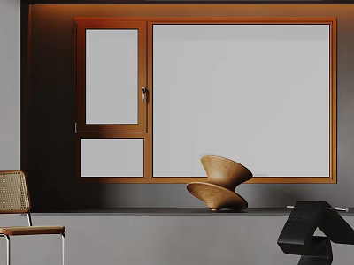 Stylish Modern Interior Featuring Wooden Frame Window Chair And Sculpture Decor 3d model
