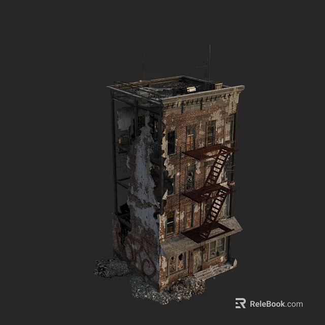 Dilapidated Old Brick Building With Red Fire Escape And Peeling Walls 3d model 