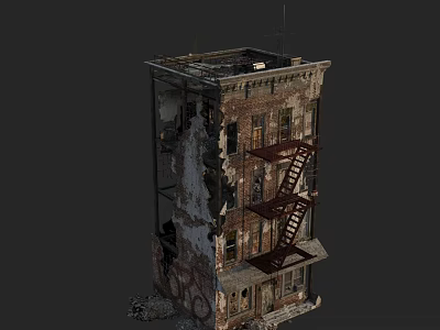 Dilapidated Old Brick Building With Red Fire Escape And Peeling Walls 3d model