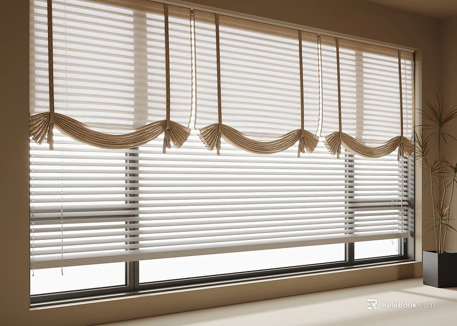 Elegant White Window Blinds With Beige Knot Tiebacks For Home Interior Decor 3d model 