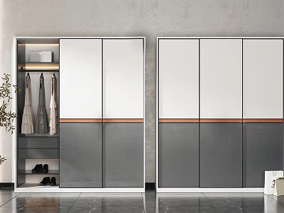Modern Double Wardrobes with White Gray Panels Copper Trim and Internal Hanging Storage 3d model
