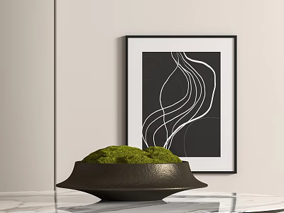 Lush Green Moss In Black Decorative Bowl With Abstract Wall Art In Modern Interior 3d model