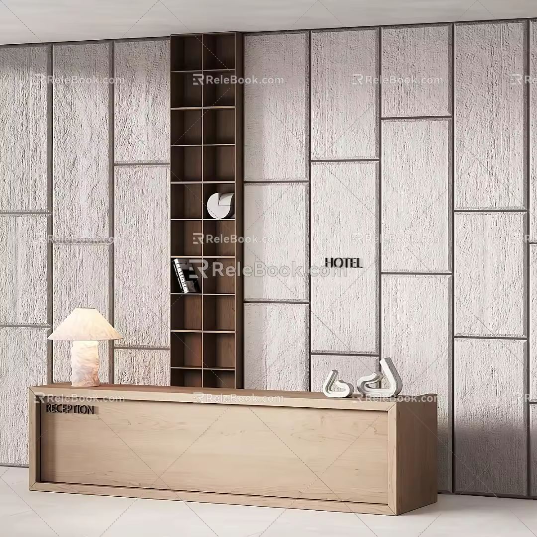 Modern reception desk front desk wood grain reception desk solid wood bookcase desk lamp decorative cabinet books 3d model