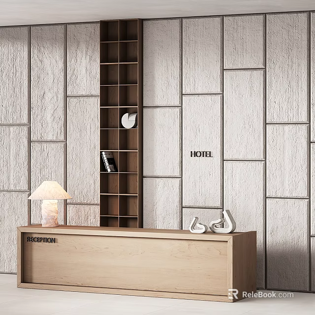 Wooden Reception Desk With Lamp Bookshelf Stone Wall And Decorative Elements 3d model 