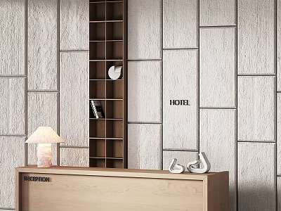 Wooden Reception Desk With Lamp Bookshelf Stone Wall And Decorative Elements 3d model