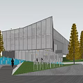 Modern Sales Office Building With Glass Facade And Geometric Design Surrounded By Trees