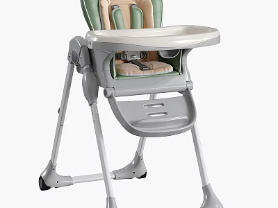 Practical High Chair with Green Beige Seat Adjustable Design Tray and Stable Frame 3d model