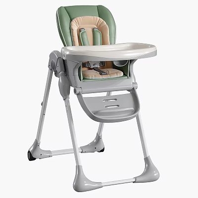 Practical High Chair with Green Beige Seat Adjustable Design Tray and Stable Frame 3d model
