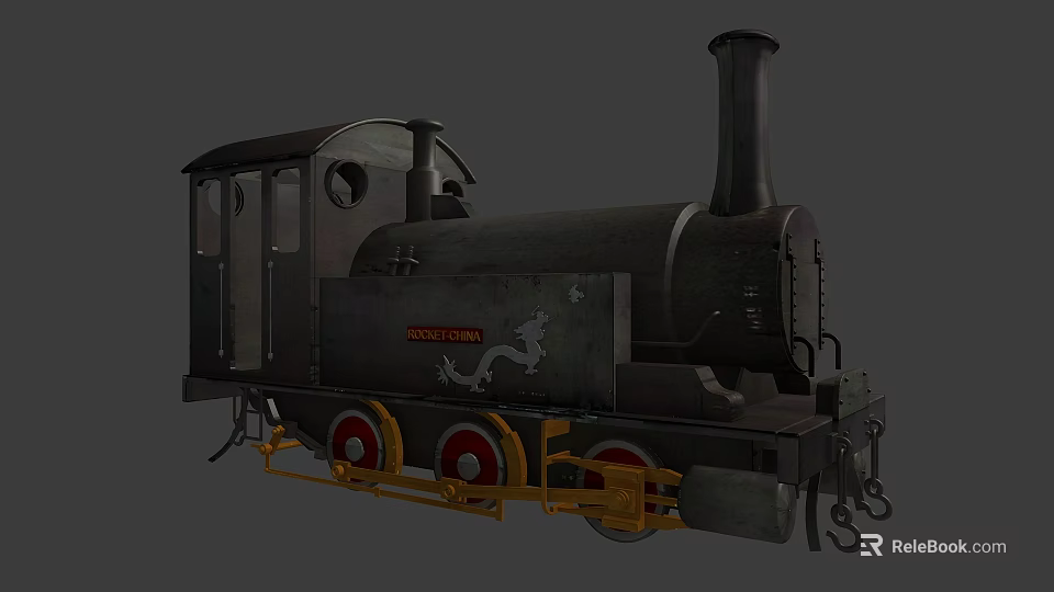 Vintage Steam Train Locomotive With Black Body And Yellow Wheels 3d model 