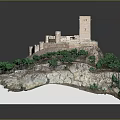 Detailed Scale Model of Ancient Castle on Hill with Green Trees and Tower