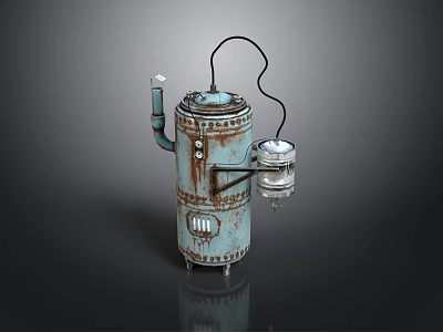Rusted Teal Vintage Industrial Equipment With Metal Structure Top Chimney And Black Cable 3d model