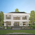 Two Story White Detached Villa Exterior With Large Windows Greenery And Evening Lighting