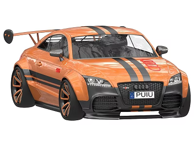 Orange Modified Sports Car with Black Stripes Rear Wing Black Wheels Racing Seats Aerodynamic Design 3d model