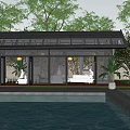 Elegant Glass Sunroom Design With Black Roof Surrounded By Trees And Water Pool