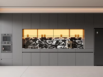 Modern Wine Cabinet In Open Kitchen With Glass Doors LED Lighting And Display Shelves 3d model
