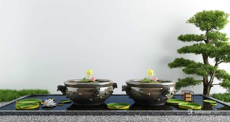 Elegant Garden Ornaments With Large Ceramic Pots Lotus Flowers And Pine Tree 3d model 