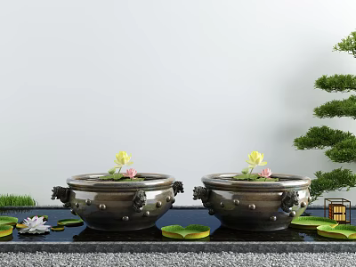 Elegant Garden Ornaments With Large Ceramic Pots Lotus Flowers And Pine Tree 3d model
