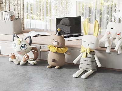 Cute Plush Toys Cat Bear Rabbit Stuffed Animals By Window With Laptop And Books 3d model