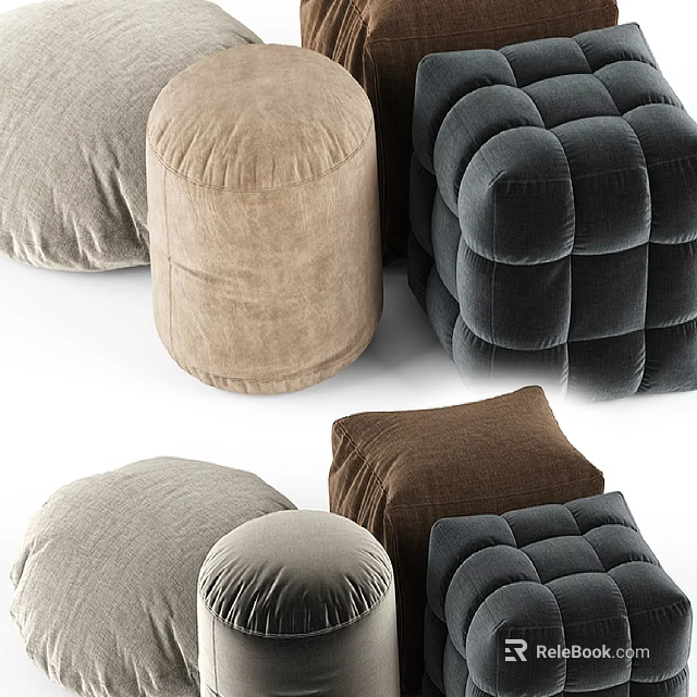 Modern Ottoman Poufs in Various Colors with Velvet Fabric and Different Shapes 3d model 