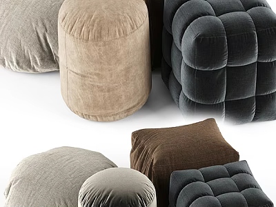 Modern Ottoman Poufs in Various Colors with Velvet Fabric and Different Shapes 3d model