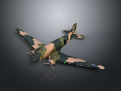 Detailed Camouflage Military Airplane Model With Green Brown Colors And Propeller Wings 3d model