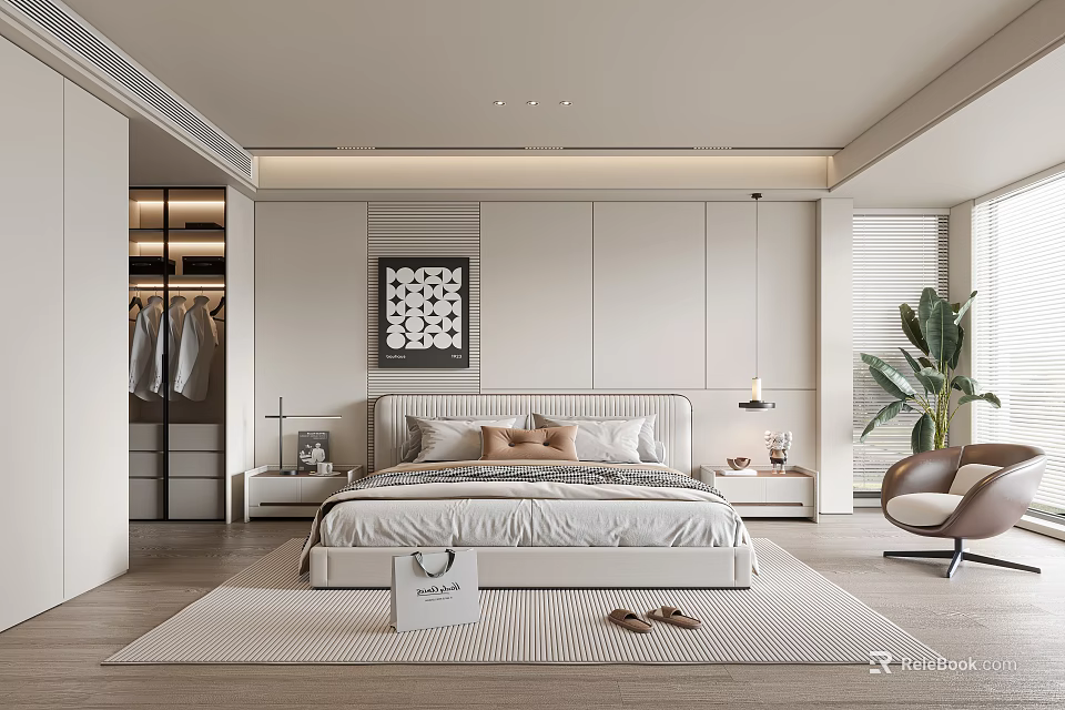 Modern Bedroom Interior Design With Bed Pillows Wardrobe Decorative Painting Green Plant And Rug 3d model 