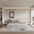 Modern Bedroom Interior Design With Bed Pillows Wardrobe Decorative Painting Green Plant And Rug