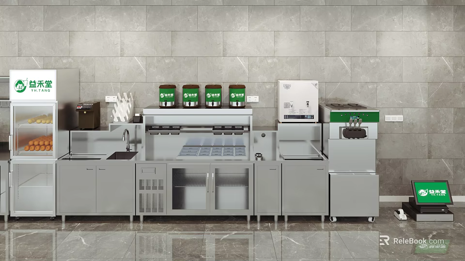 Commercial Kitchen Equipment Featuring Stainless Steel Workstations Cabinets Dishwasher And Condiment Holders 3d model 